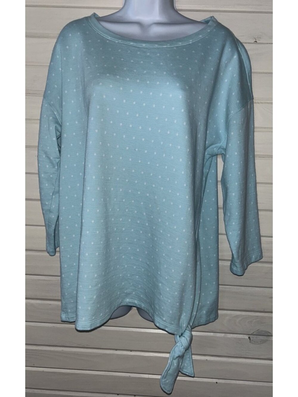 T by Talbots Sz XL Polka Dot Jacquard Pique Pullover Top Aqua Blue Side Tie EUC